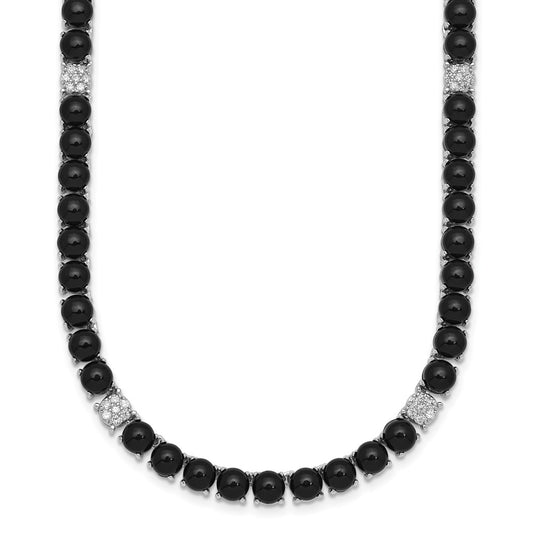 Sterling Silver Rhodium-plated Polished Pave CZ and Onyx 17 Inch with 3 Inch Extension Necklace QG7284-17