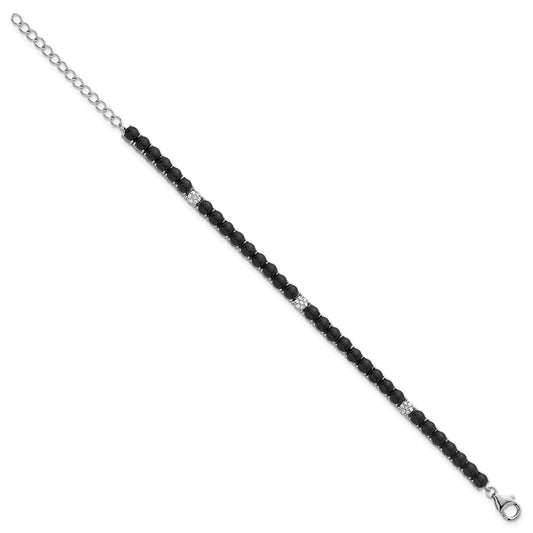 Sterling Silver Rhodium-plated Polished Pave CZ and Onyx 7.5 Inch with 1.5 Inch Extension Bracelet QG7284-7.5