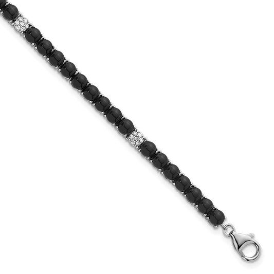 Sterling Silver Rhodium-plated Polished Pave CZ and Onyx 7.5 Inch with 1.5 Inch Extension Bracelet QG7284-7.5
