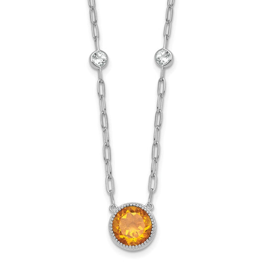 Sterling Silver Rhodium-plated Polished Round Citrine and White Topaz 16 inch with 2 inch Extension Necklace QG7287CI-16