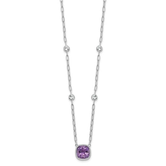 Sterling Silver Rhodium-plated Polished Cushion Amethyst and White Topaz 16 inch with 2 inch Extension Necklace QG7290AM-16