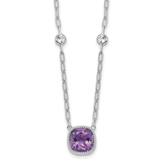 Sterling Silver Rhodium-plated Polished Cushion Amethyst and White Topaz 16 inch with 2 inch Extension Necklace QG7290AM-16