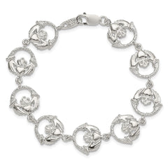 Sterling Silver Polished and Textured Claddagh Link 7 inch Bracelet QG880-7