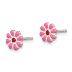 QGK103 Sterling Silver Madi K Polished Pink & Red Enameled Flower Children's Post Earrings