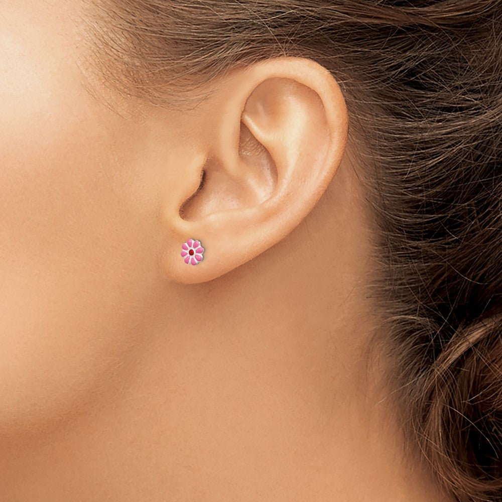 QGK103 Sterling Silver Madi K Polished Pink & Red Enameled Flower Children's Post Earrings