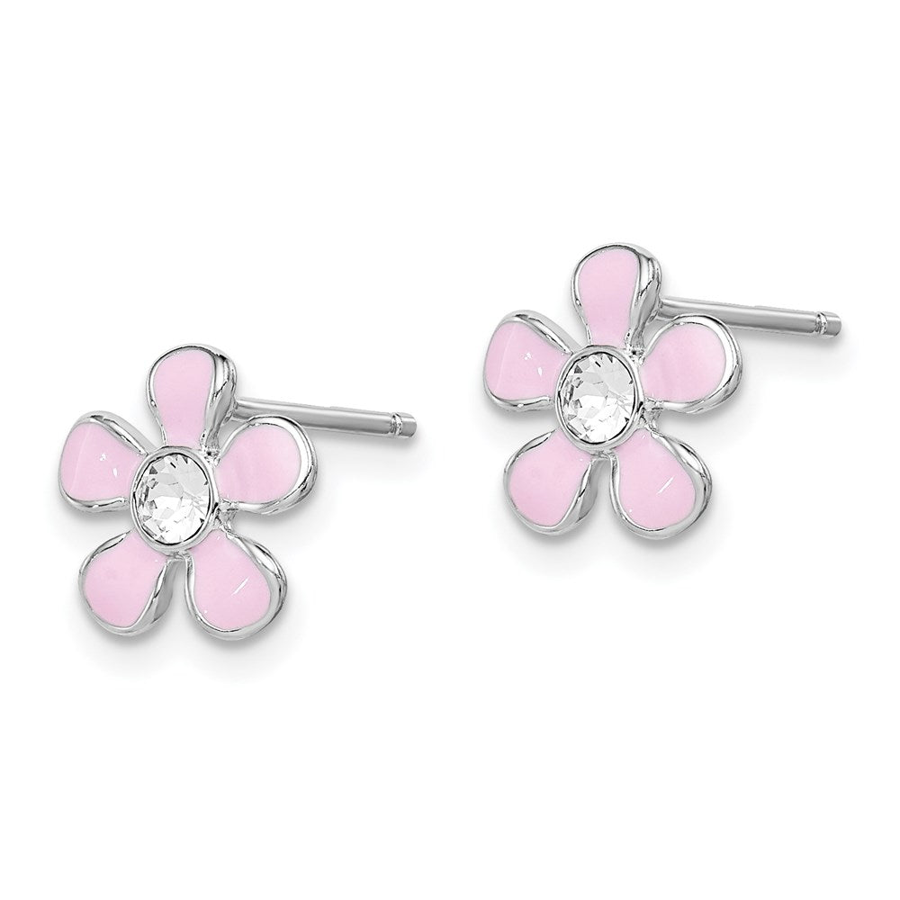 QGK108 Sterling Silver Madi K Rhodium-plated Polished Pink Enamel & Crystal Flower Children's Post Earrings