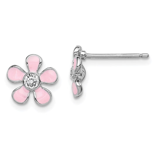 QGK108 Sterling Silver Madi K Rhodium-plated Polished Pink Enamel & Crystal Flower Children's Post Earrings