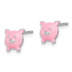 QGK117 Sterling Silver Madi K Rhodium-plated Polished Pink Enameled Pig Children's Post Earrings