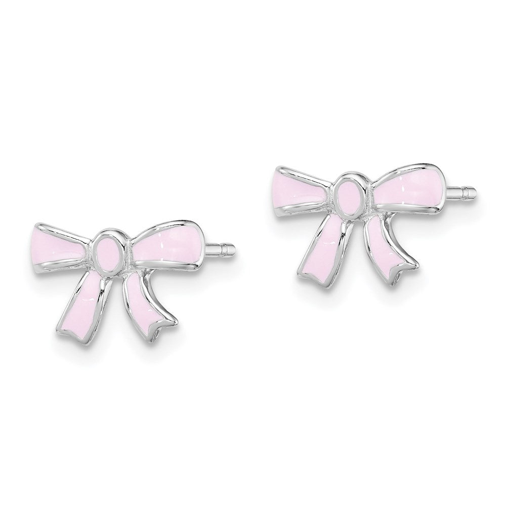 QGK119 Sterling Silver Madi K Rhodium-plated Pink Enamel Bow Children's Post Earrings