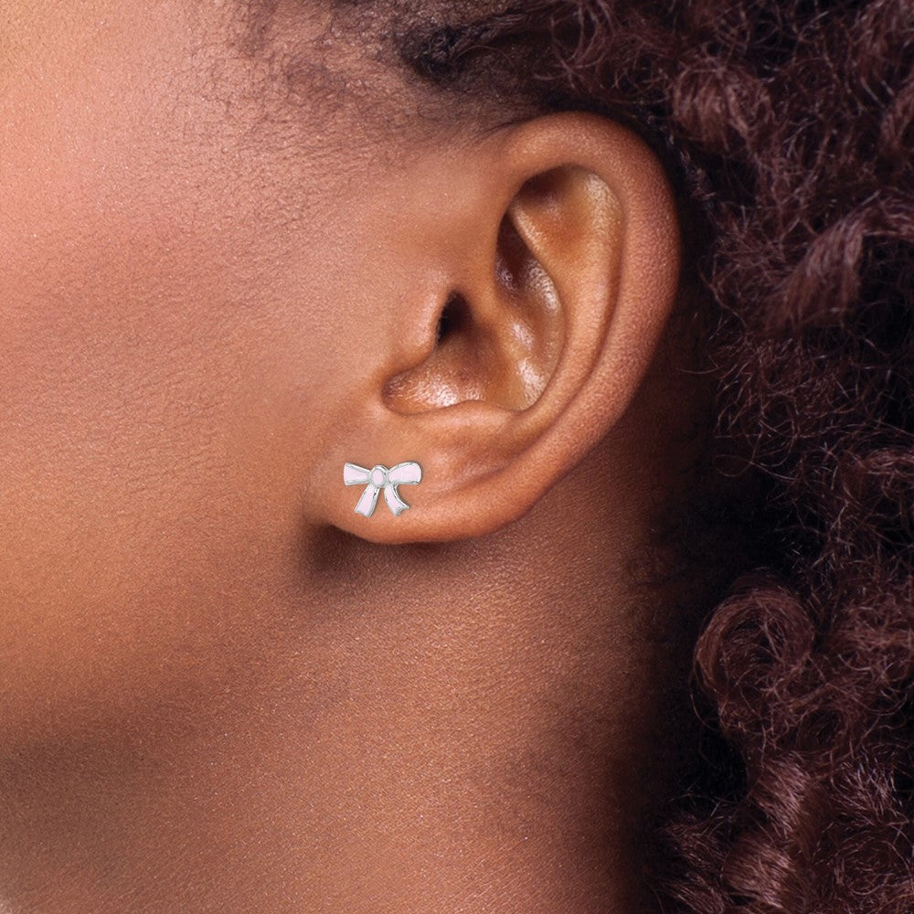 QGK119 Sterling Silver Madi K Rhodium-plated Pink Enamel Bow Children's Post Earrings