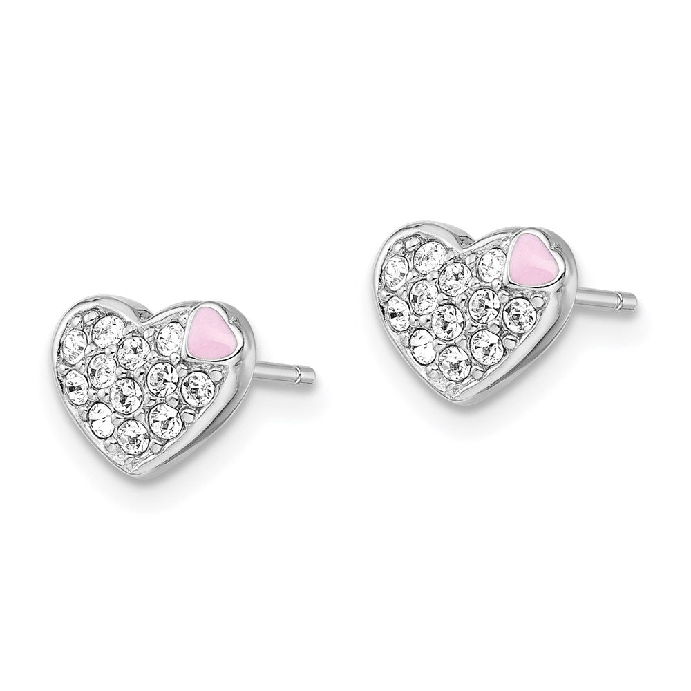 QGK132 Sterling Silver Madi K Rhodium-plated Pink Enamel & Crystal Heart Children's Post Earrings