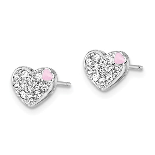 QGK132 Sterling Silver Madi K Rhodium-plated Pink Enamel & Crystal Heart Children's Post Earrings