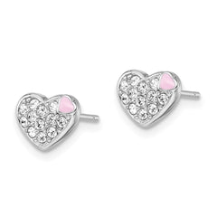QGK132 Sterling Silver Madi K Rhodium-plated Pink Enamel & Crystal Heart Children's Post Earrings