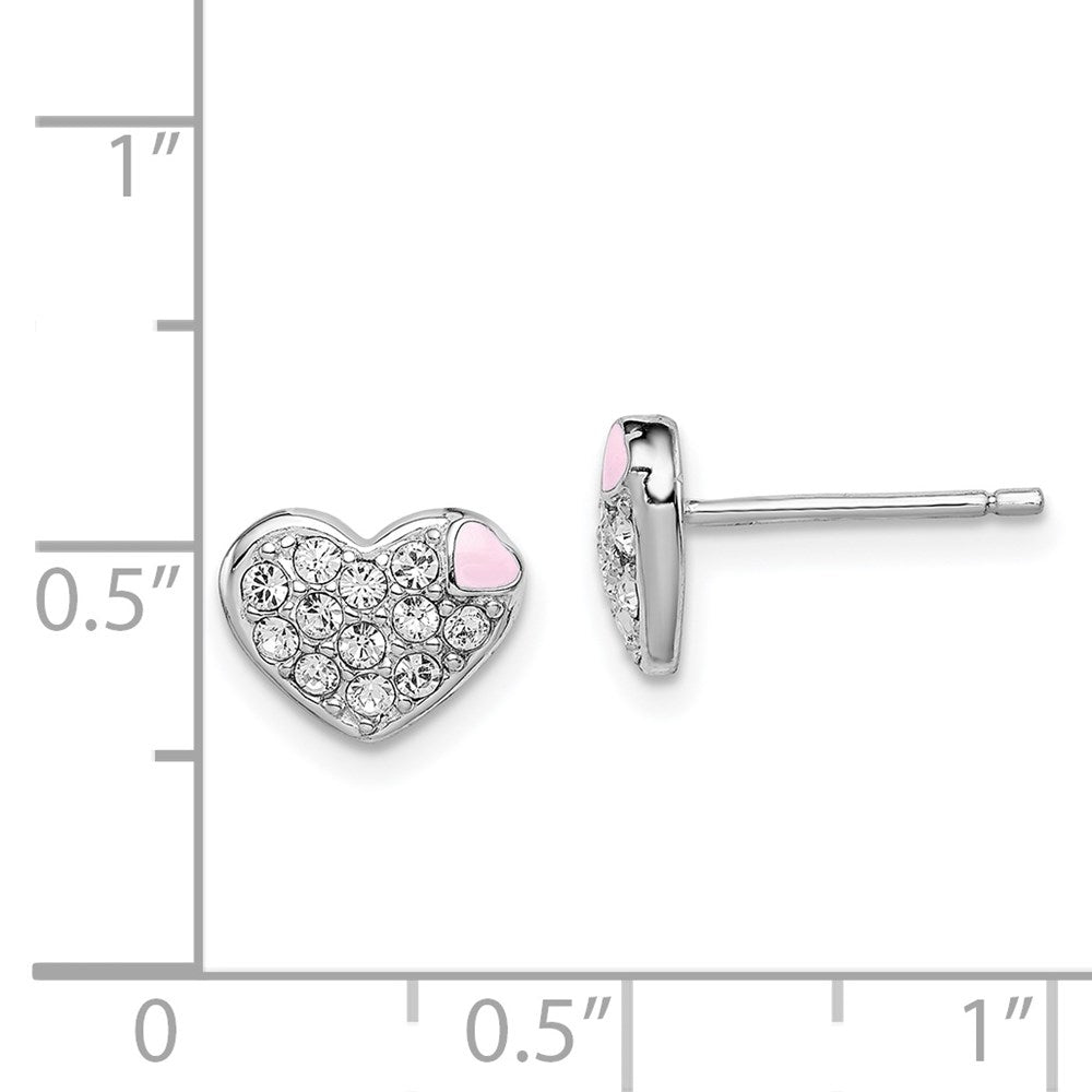 QGK132 Sterling Silver Madi K Rhodium-plated Pink Enamel & Crystal Heart Children's Post Earrings