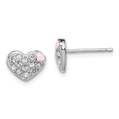 QGK132 Sterling Silver Madi K Rhodium-plated Pink Enamel & Crystal Heart Children's Post Earrings