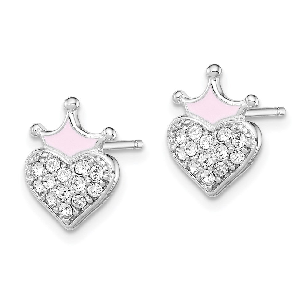 QGK133 Sterling Silver Madi K Rhodium-plated Polished Pink Enamel & Crystal Crown Heart Children's Post Earrings