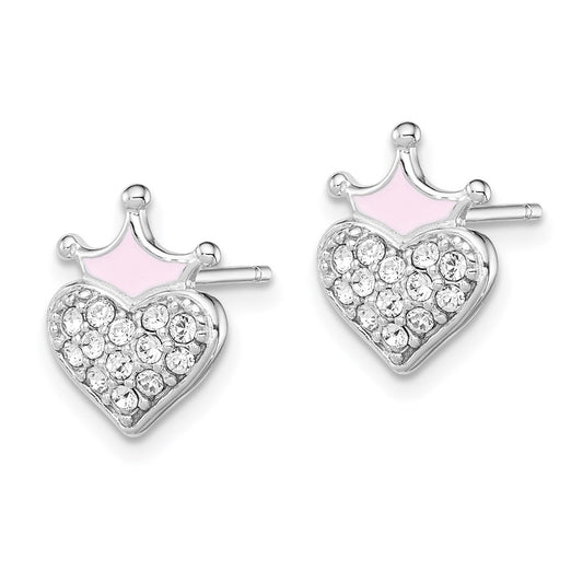 QGK133 Sterling Silver Madi K Rhodium-plated Polished Pink Enamel & Crystal Crown Heart Children's Post Earrings