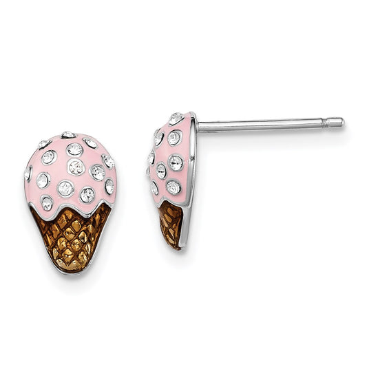 QGK142 Sterling Silver Madi K Rhodium-plated Polished Pink & Brown Enameled & Crystal Ice Cream Children's Post Earrings