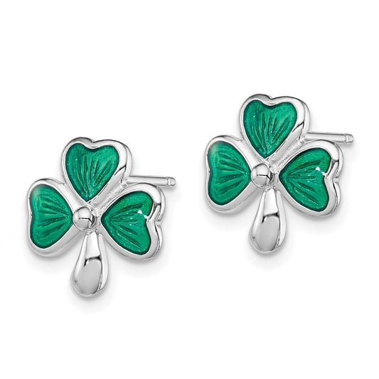 QGK144 Sterling Silver Madi K Rhodium-plated Polished Green Enameled Shamrock Children's Post Earrings