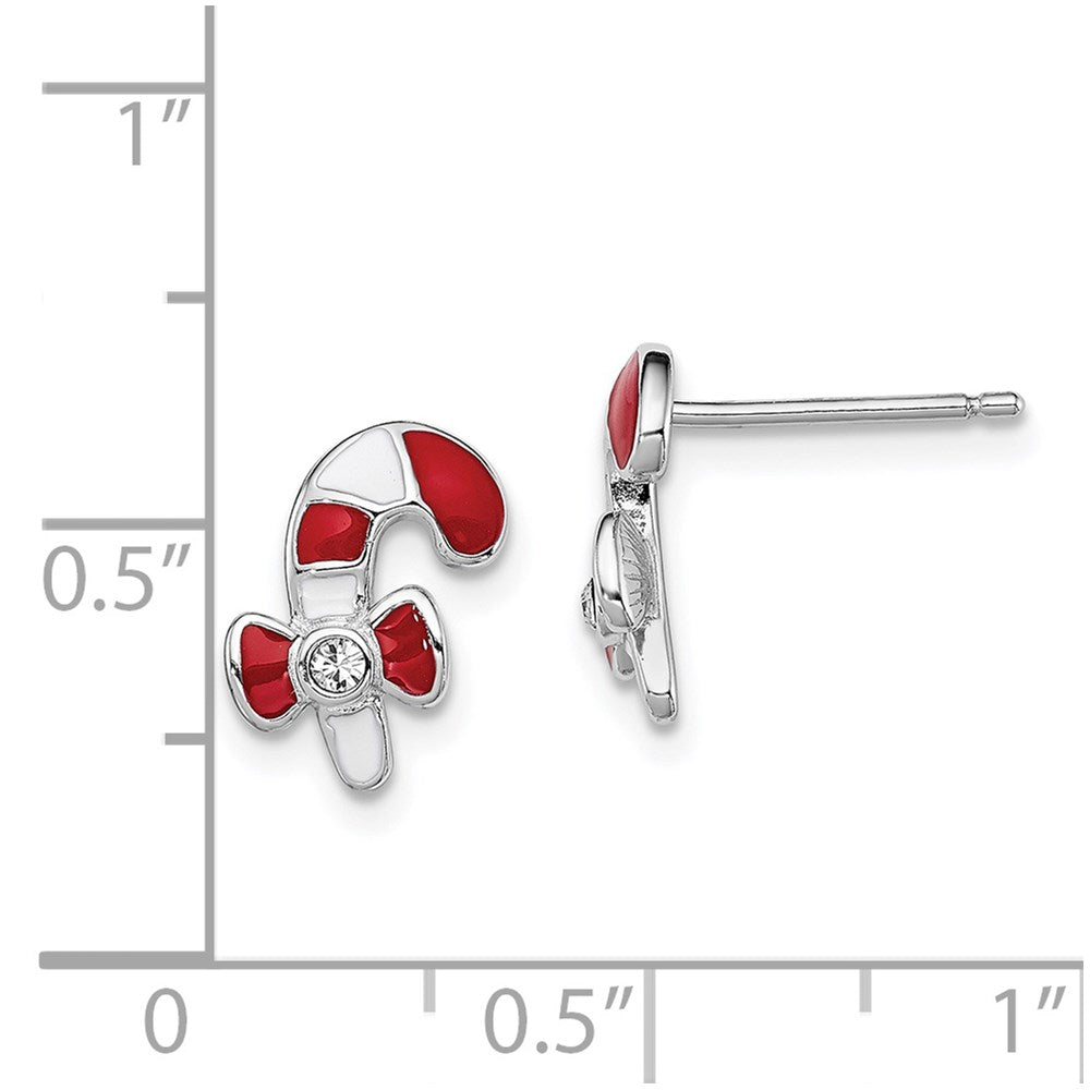 QGK146 Sterling Silver Madi K Rhodium-plated Polished Red & White Enameled & Crystal Candy Cane Children's Post Earrings