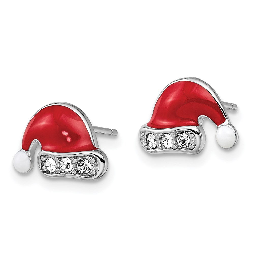 QGK147 Sterling Silver Madi K Rhodium-plated Polished Red & White Enameled & Crystal Santa Hat Children's Post Earrings