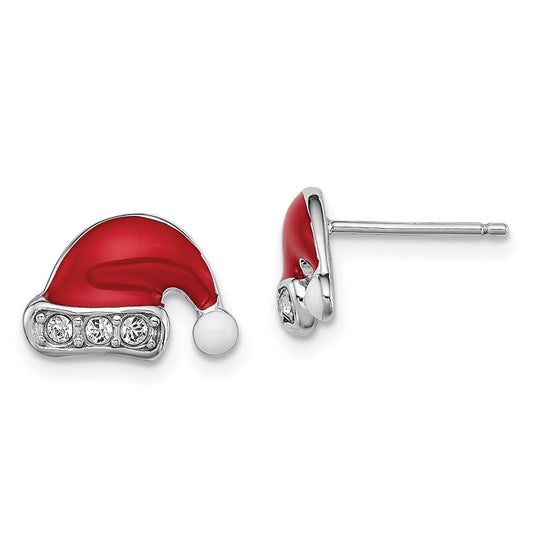 QGK147 Sterling Silver Madi K Rhodium-plated Polished Red & White Enameled & Crystal Santa Hat Children's Post Earrings
