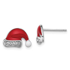QGK147 Sterling Silver Madi K Rhodium-plated Polished Red & White Enameled & Crystal Santa Hat Children's Post Earrings