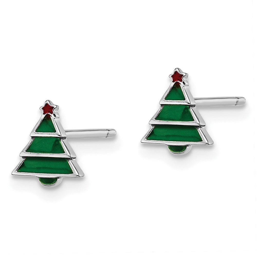 QGK186 Sterling Silver Madi K Rhodium-plated Polished Green & Red Enameled Christmas Tree Children's Post Earrings