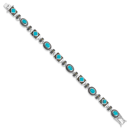 Sterling Silver Rhodium-plated Synth Turquoise and Marcasite Bracelet QH1035-7
