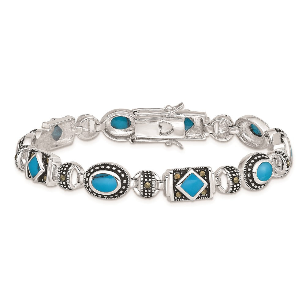 Sterling Silver Rhodium-plated Synth Turquoise and Marcasite Bracelet QH1035-7