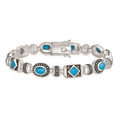 Sterling Silver Rhodium-plated Synth Turquoise and Marcasite Bracelet QH1035-7
