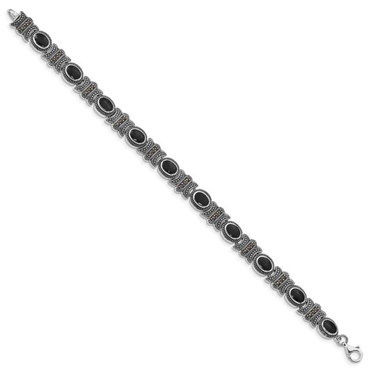 Sterling Silver Rhodium-plated Marcasite and Onyx 7.25 inch Bracelet QH1043-7.25