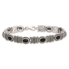 Sterling Silver Rhodium-plated Marcasite and Onyx 7.25 inch Bracelet QH1043-7.25