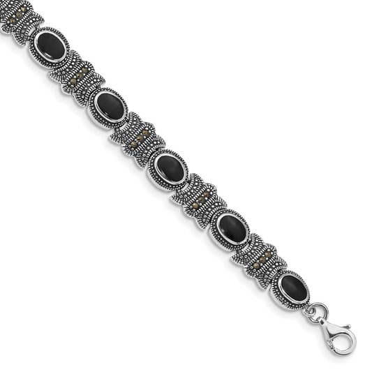 Sterling Silver Rhodium-plated Marcasite and Onyx 7.25 inch Bracelet QH1043-7.25