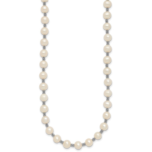 Sterling Silver Rhodium-plated 6-7mm White Round Freshwater Cultured Pearl 16 inch with 2 inch Extension Necklace QH1084-16