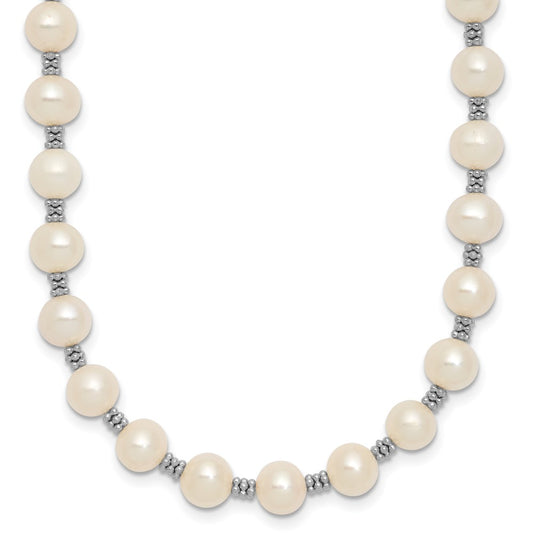 Sterling Silver Rhodium-plated 6-7mm White Round Freshwater Cultured Pearl 16 inch with 2 inch Extension Necklace QH1084-16