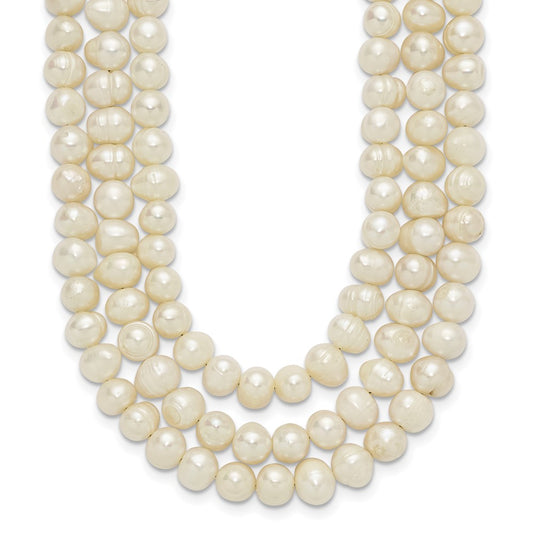 Sterling Silver Triple Strand White FW Cultured Pearl Necklace QH2469-19
