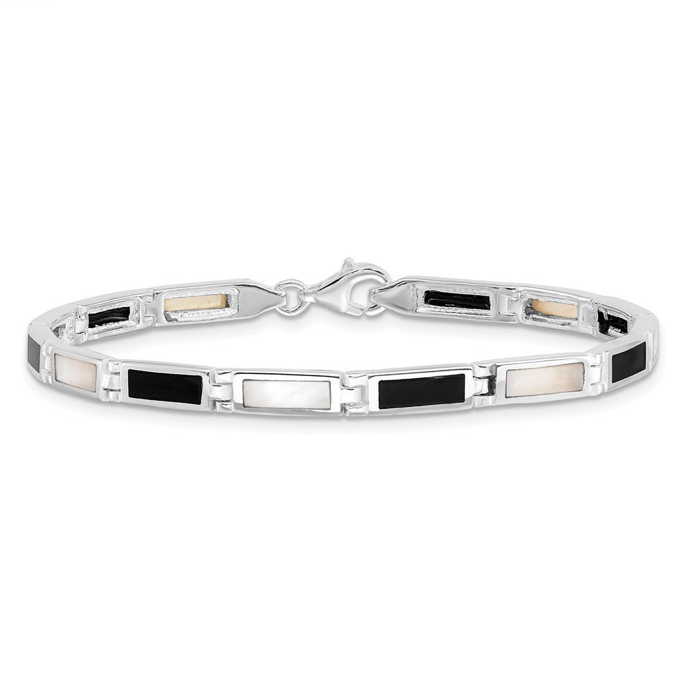 Sterling Silver Rhodium-plated 7in Onyx/Mother Of Pearl Bracelet QH383-7
