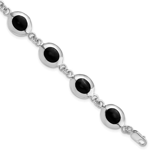 Sterling Silver Rhodium-plated Fancy Polished Onyx Bracelet QH386-7