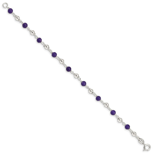 Sterling Silver 7inch Polished Amethyst Beaded Bracelet QH419-7