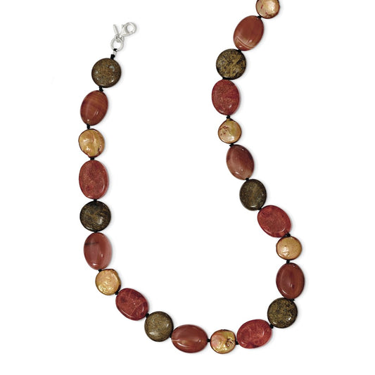Sterling Silver Tiger Eyes/Carnelian/Reconst. Coral/FW Cult. Pearl Necklace QH4554-18
