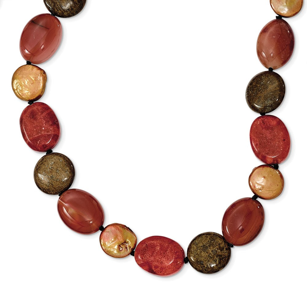 Sterling Silver Tiger Eyes/Carnelian/Reconst. Coral/FW Cult. Pearl Necklace QH4554-18