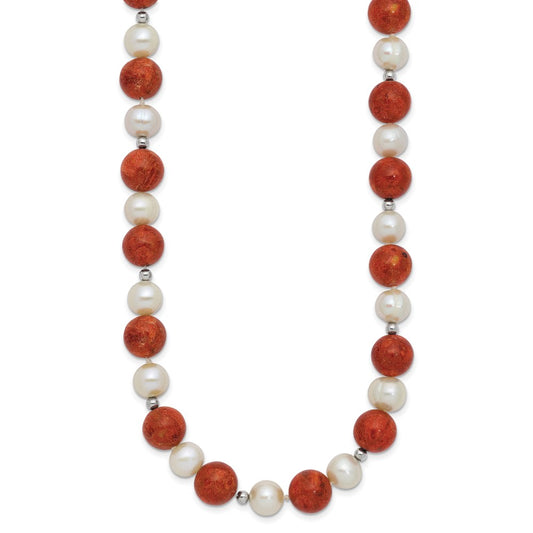 Sterling Silver Rhod-pltd FWC Pearl / Stabilized Red Coral Necklace QH4561-18