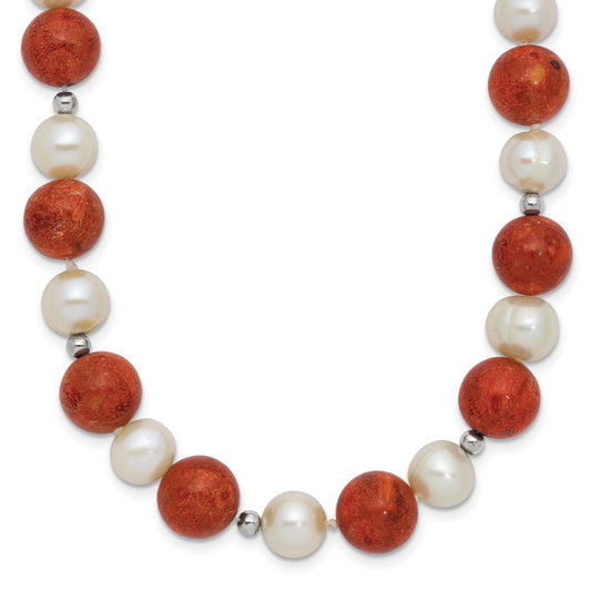 Sterling Silver Rhod-pltd FWC Pearl / Stabilized Red Coral Necklace QH4561-18