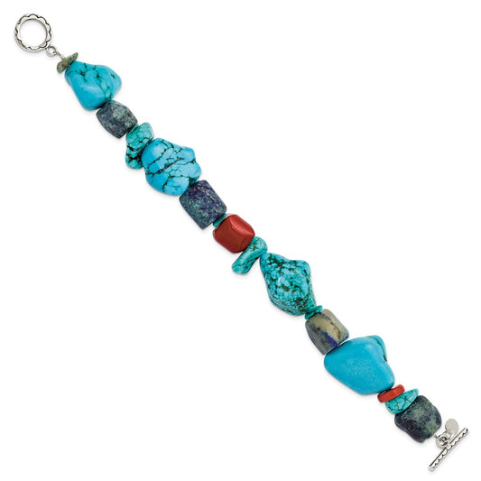 Sterling Silver Red Coral/Howlite/Lapis/Turquoise Bracelet QH4565-8