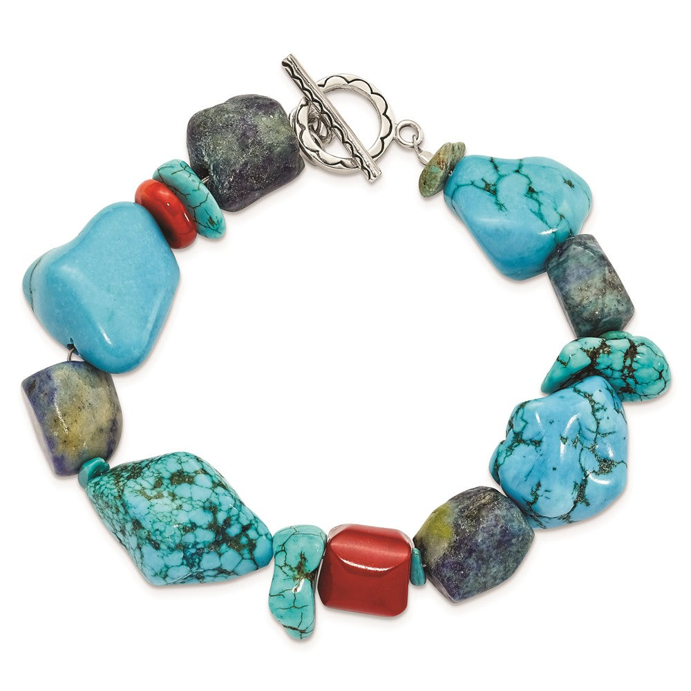 Sterling Silver Red Coral/Howlite/Lapis/Turquoise Bracelet QH4565-8