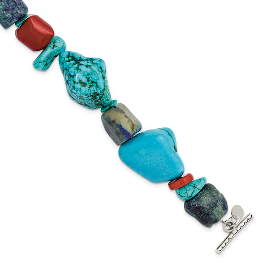 Sterling Silver Red Coral/Howlite/Lapis/Turquoise Bracelet QH4565-8