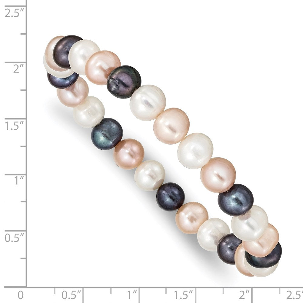 8-9mm White, Peach and Black Near-Round Freshwater Cultured Pearl Stretch Bracelet QH4648