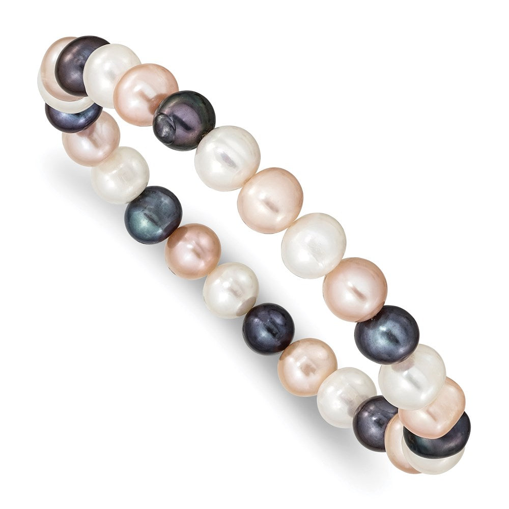 8-9mm White, Peach and Black Near-Round Freshwater Cultured Pearl Stretch Bracelet QH4648
