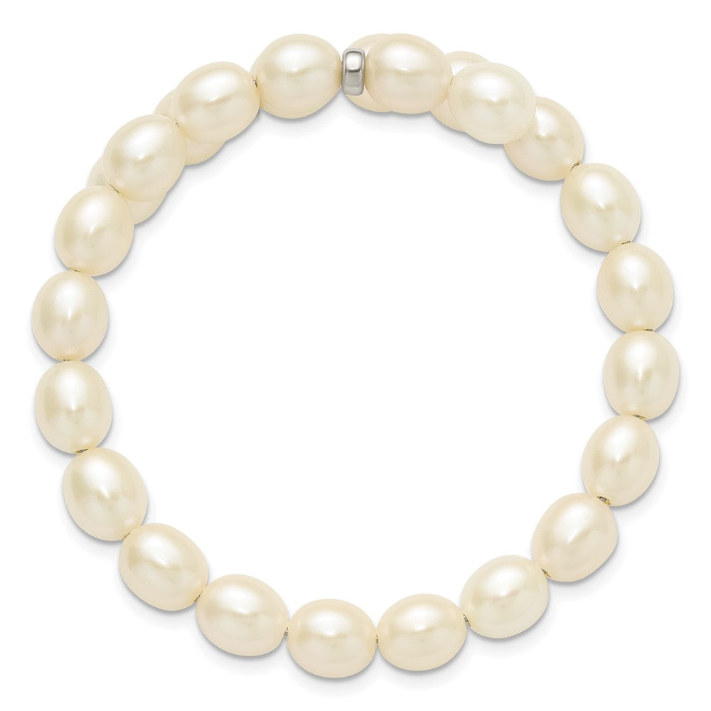 Sterling Silver Rhodium-plated 7-8mm White Rice Freshwater Cultured Pearl Flexible 7.5 inch Bracelet QH4735-7.5